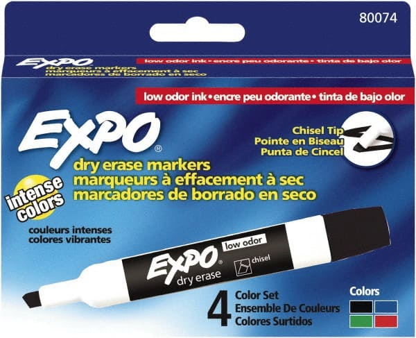 Pack of 4 Low Odor Chisel Tip Dry Erase Markers, Black, Blue, Green & Red