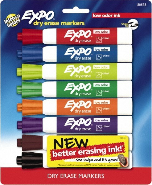 Pack of 8 Low Odor Chisel Tip Dry Erase Markers, Black, Blue, Brown, Green, Orange, Pink, Purple & Red