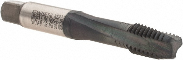 Spiral Flute Tap: M10x1.50 Metric Coarse, 3 Flutes, Modified Bottoming, 6H Class of Fit, Vanadium High Speed Steel, AlCrTiN Coated
