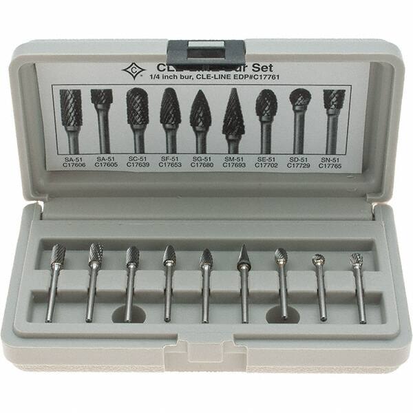 9 Pc Single Cut Burr Set with Cylinder, Ball, Cone, Cylinder Ball End, Egg, Inverted Taper, Pointed Cone, Pointed Tree, Round Tree