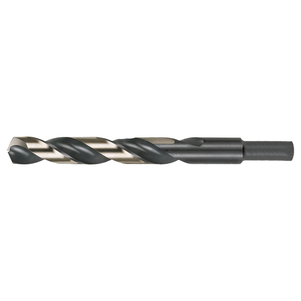 Reduced Shank Drill Bit: 1/2" Dia, 3/8" Shank Dia, 135 deg Point, High-Speed Steel - 6" OAL, 4-1/2" Flute Length, Gold Oxide Finish, Straight-Cylindrical Shank, Right Hand Cut, Series 1879