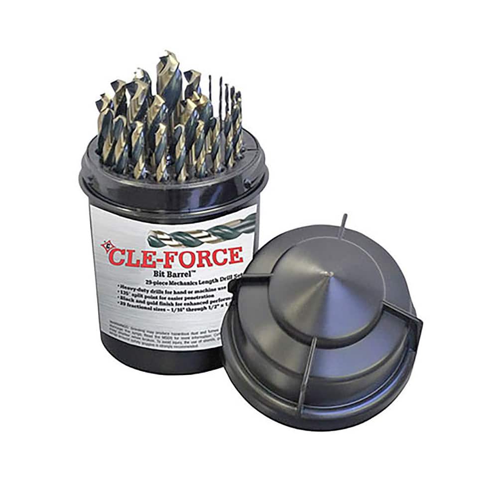 Cle-Force C69384 Drill Bit Set: Maintenance Length Drill Bits, 29 Pc, 0.0625" to 0.5" Drill Bit Size, 135 °, High Speed Steel 