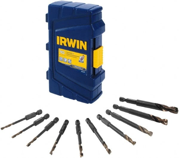 Irwin 1881324 Drill Bit Set: Hex Shank Drill Bits, 10 Pc, 0.125" to 0.375" Drill Bit Size, High Speed Steel 