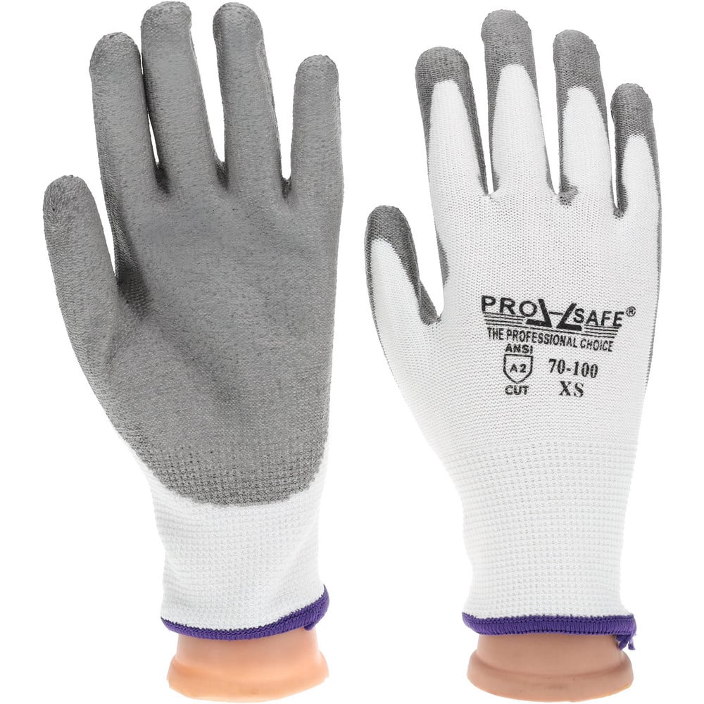 PRO-SAFE Cut-Resistant Gloves: Size X-Small, ANSI Cut A2, ANSI Puncture 1, Polyurethane - Gray & White, 9 OAL, Palm & Fingers Coated, HPPE Lined