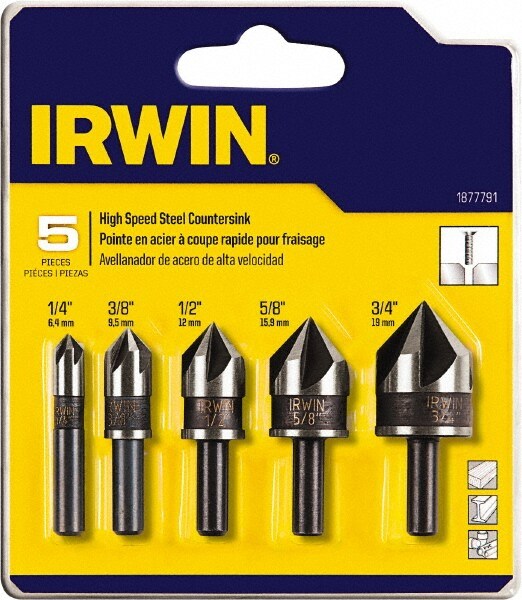 Countersink Set: 5 Pc, 1/4 to 3/4" Head Dia, 5 Flute, 82 ° Included Angle