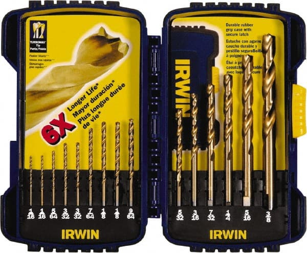 Irwin 3018009 Drill Bit Set: Jobber Length Drill Bits, 15 Pc, 0.0625" to 0.375" Drill Bit Size, High Speed Steel 