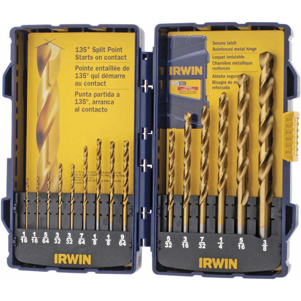 Drill Bit Set: Jobber Length Drill Bits, 15 Pc, 0.0625" to 0.375" Drill Bit Size, 135 &deg;, High Speed Steel - TiN, Split-Point, Straight Shank, Series 49356