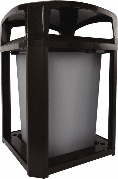 Landmark Trash Can Frame with Rigid Liner, Dome Top, 35 Gal, Black Plastic, Outdoor - For Stadiums/Parks/Shopping Plazas