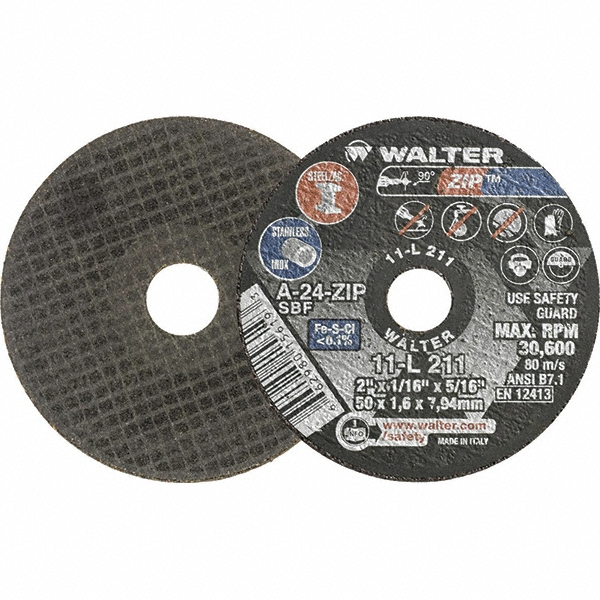 WALTER Surface Technologies Cut-Off Wheel: Type 1 (01/41), 2 Dia, 1/16" Thick, 5/16" Hole, Aluminum Oxide - 24 Grit, 30600 RPM, Reinforced, 1 per Pack