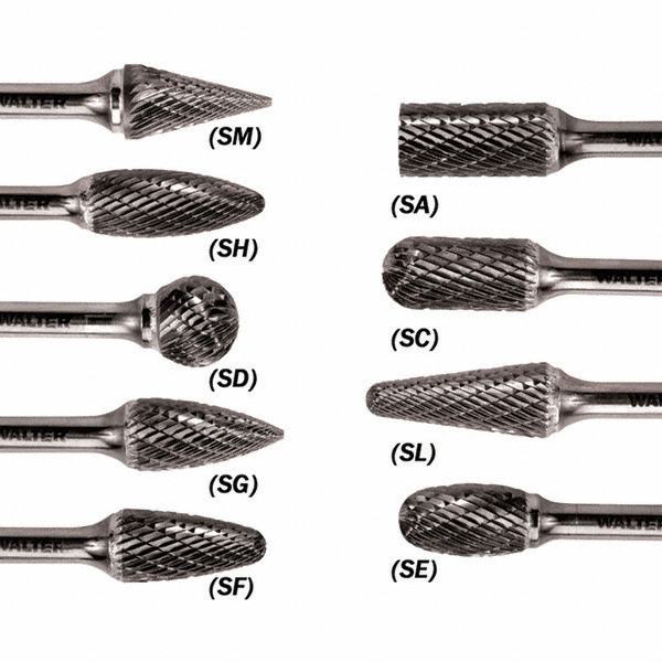 WALTER Surface Technologies Abrasive Bur: SH-3, 5/16" Cut Dia, Flame, Double Cut - 1/4" Shank Dia, 3/4" LOC | Part #01V029