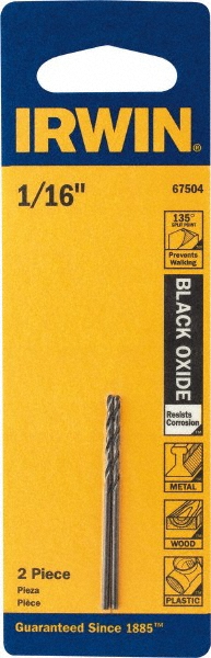 Irwin Jobber Length Drill Bit: 1/16" Dia, 135 ° , High Speed Steel - Oxide Coated, 1-7/8" OAL, Right Hand Cut, Spiral Flute, Straight-Cylindrical