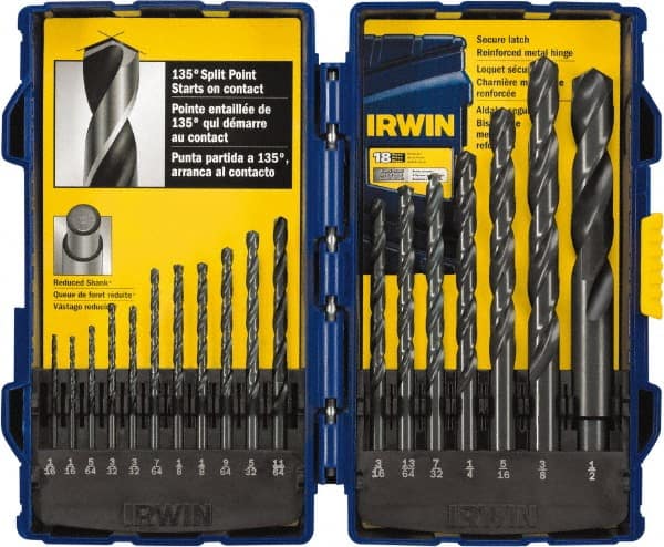 Irwin 314018 Drill Bit Set: Jobber Length Drill Bits, 18 Pc, 0.0625" to 0.5" Drill Bit Size, 135 °, High Speed Steel 