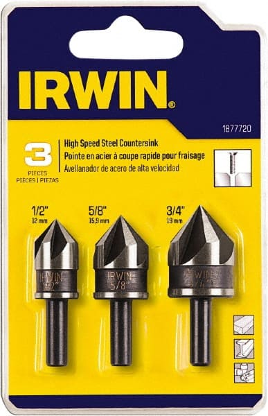 Irwin 1877720 Countersink Set: 3 Pc, 1/2 to 3/4" Head Dia, 5 Flute, 82 ° Included Angle 