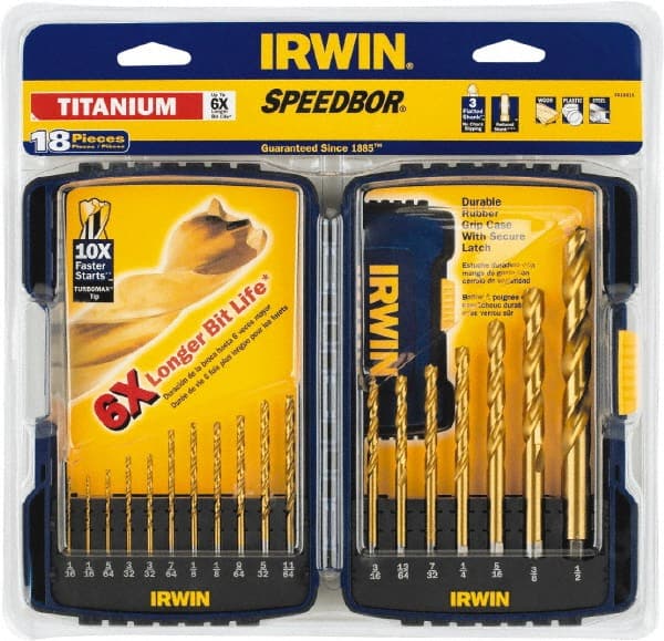 Irwin 3018010 Drill Bit Set: Jobber Length Drill Bits, 18 Pc, 0.0625" to 0.5" Drill Bit Size, High Speed Steel 