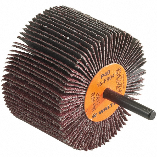 Mounted Flap Wheel: 3" Dia, 2" Face Width, 40 Grit, Aluminum Oxide