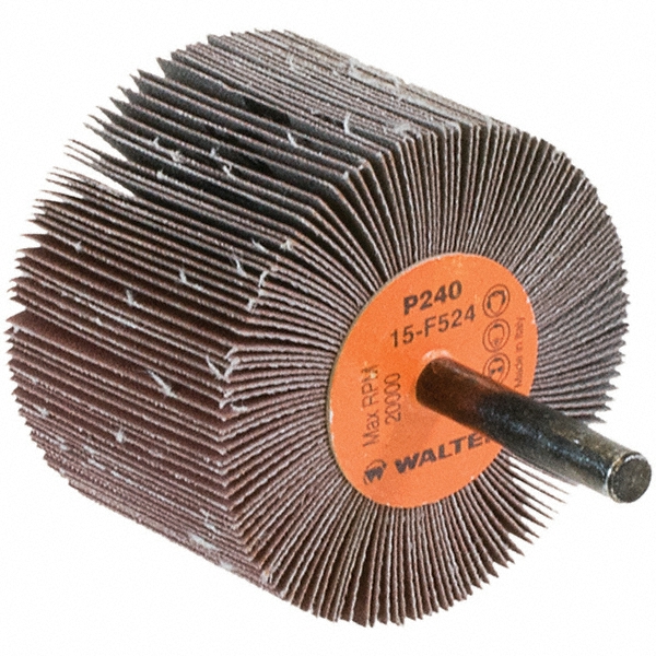 WALTER Surface Technologies Mounted Flap Wheel: 2-3/8" Dia, 1-1/2" Face Width, 240 Grit, Aluminum Oxide - 1/4" Shank Dia, Coated, Very Fine Grade