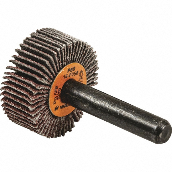 WALTER Surface Technologies Mounted Flap Wheel: 1" Dia, 3/8" Face Width, 80 Grit, Aluminum Oxide - 1/4" Shank Dia, Coated, Medium Grade, 30000 Max RPM