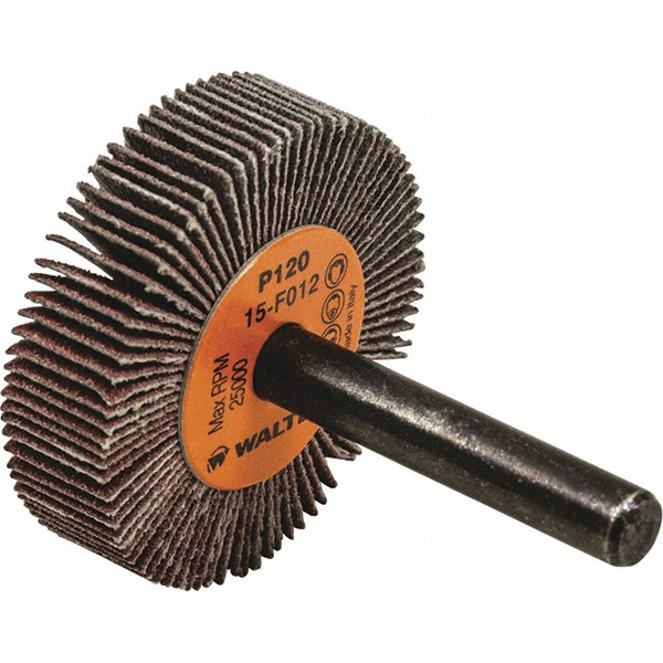 WALTER Surface Technologies Mounted Flap Wheel: 1-1/2" Dia, 3/8" Face Width, 120 Grit, Aluminum Oxide - 1/4" Shank Dia, Coated, Fine Grade, 30000 Max