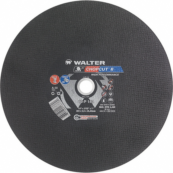 WALTER Surface Technologies Cut-Off Wheel: Type 1 (01/41), 14 Dia, 3/32" Thick, 1" Hole, Aluminum Oxide - 30 Grit, 4400 RPM, Reinforced, 1 per Pack