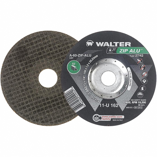 WALTER Surface Technologies Depressed-Center Wheel: Type 27 & Type 42, 6" Dia, 3/64" Thick, 7/8" Hole, Aluminum Oxide - 60 Grit, Resinoid Bond, 10200