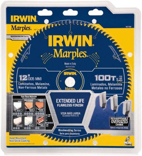 Irwin 1807386 Wet & Dry Cut Saw Blade: 12" Dia, 1 & 1" Arbor Hole, 0.0984" Kerf Width, 100 Teeth Image