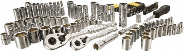 Socket Set: Deep Standard, 123 Pc, 1/4, 3/8" Drive, 5/32 to 9/16", 4.00 to 19.00 mm - 6 Point, Chrome