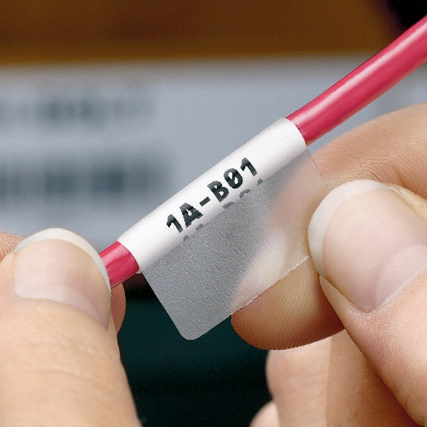 Label Maker Label: Clear & White, Vinyl, 1" OAL, 1-1/4" OAW, 225 per Roll - Use with Hand-Held Thermal Transfer Printer, LS8E & LS8EQ