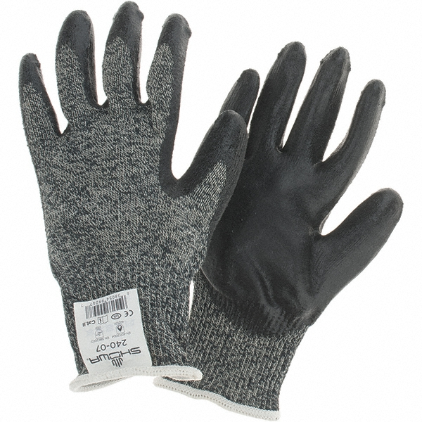 Cut, Puncture & Abrasion-Resistant Gloves: SHOWA® 240, Cut A4, Puncture 2, Abrasion 3, 13 ga, Size Small, 9" Long - Fiberglass, Kevlar & Modacrylic, Neoprene-Coated, Palm & Fingertips Coating, Rough Grip, Black on Gray Pair