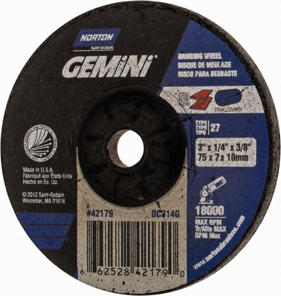 Depressed Center Wheel: Type 27, 3" Dia, Aluminum Oxide
