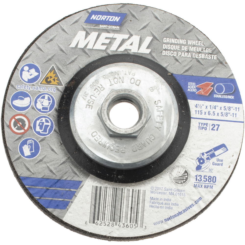 Depressed Center Wheel: Type 27, 4-1/2" Dia, Aluminum Oxide