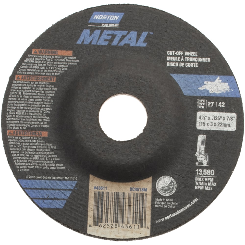 Depressed Center Wheel: Type 27, 4-1/2" Dia, Aluminum Oxide