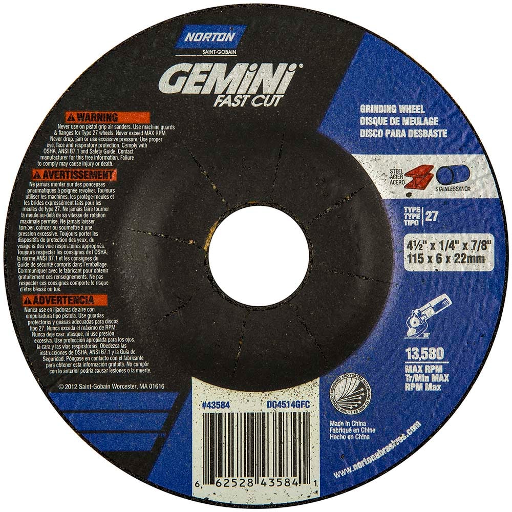 Depressed Center Wheel: Type 27, 4-1/2" Dia, Aluminum Oxide
