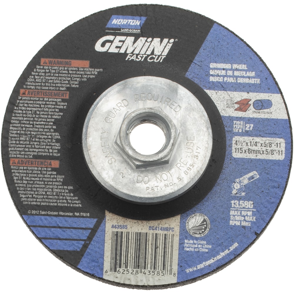 Depressed Center Wheel: Type 27, 4-1/2" Dia, Aluminum Oxide