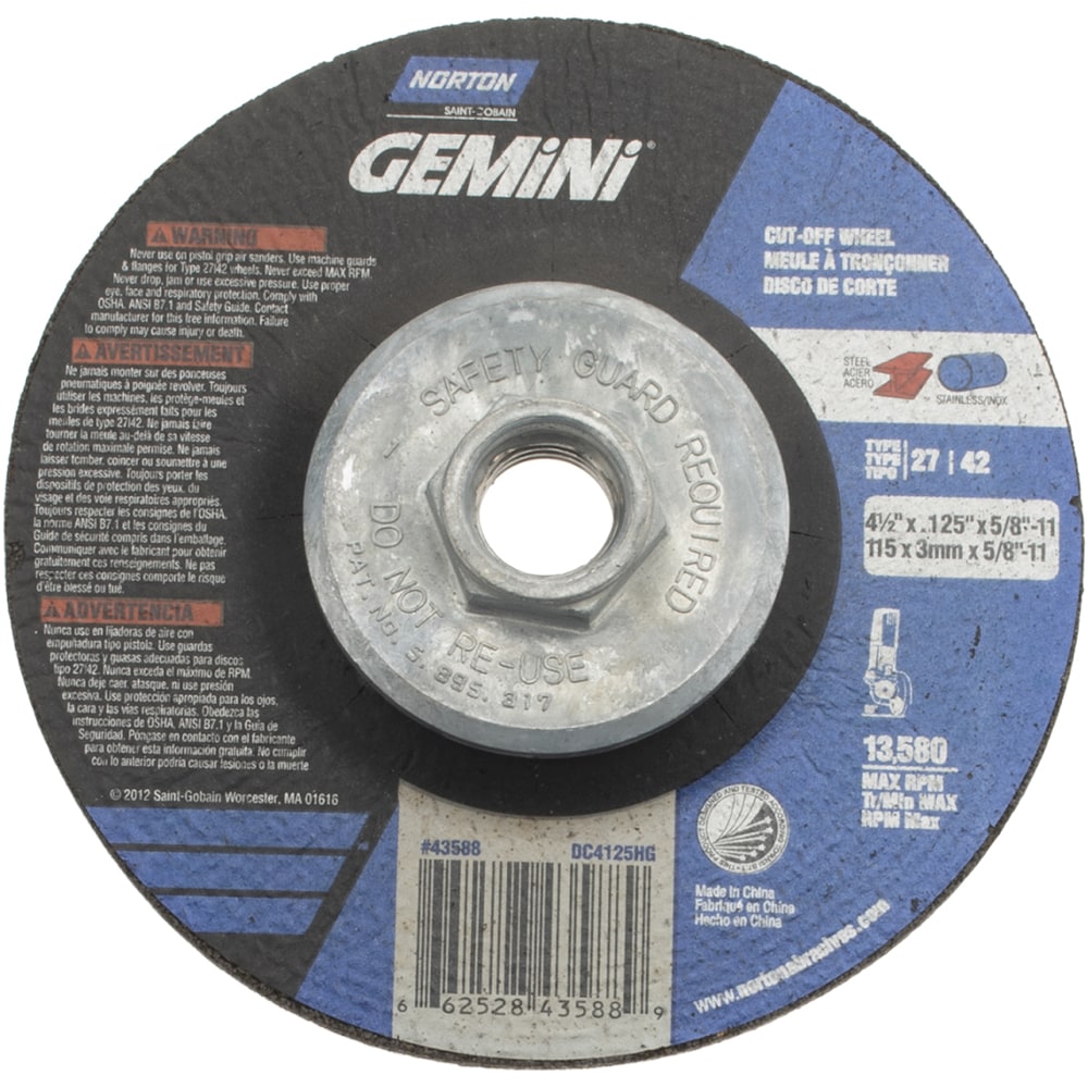 Depressed Center Wheel: Type 27, 4-1/2" Dia, Aluminum Oxide