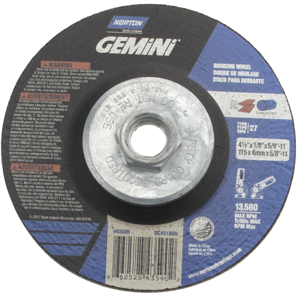 Depressed Center Wheel: Type 27, 4-1/2" Dia, Aluminum Oxide