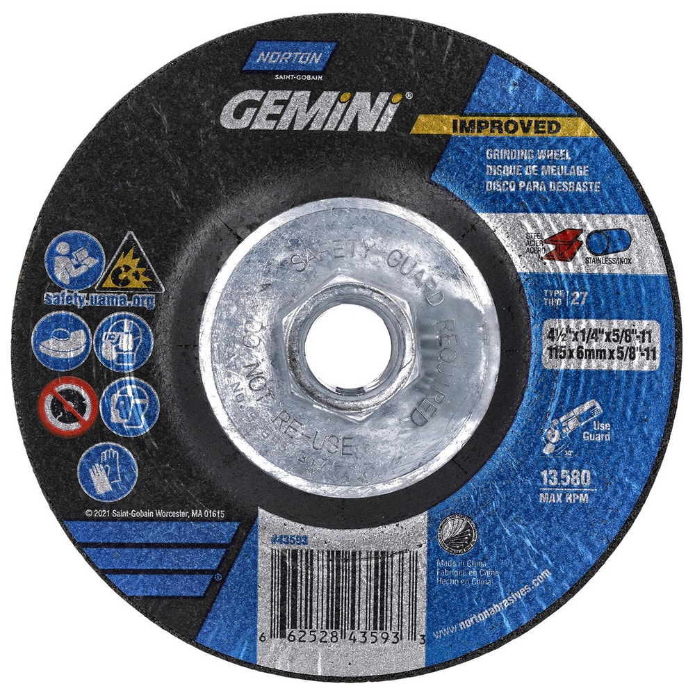 Depressed Grinding Wheel:  Type 27,  4-1/2" Dia,  1/4" Thick,  Aluminum Oxide