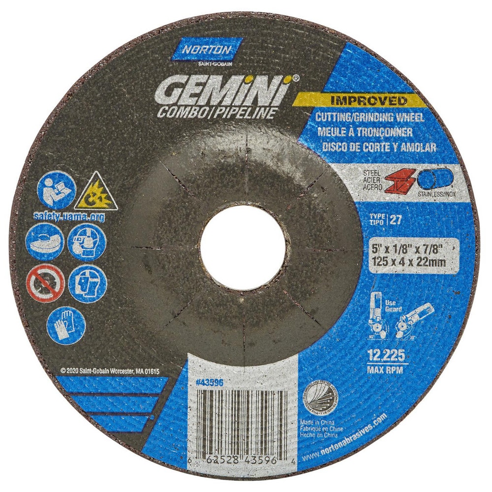 Depressed Center Wheel: Type 27, 5" Dia, Aluminum Oxide