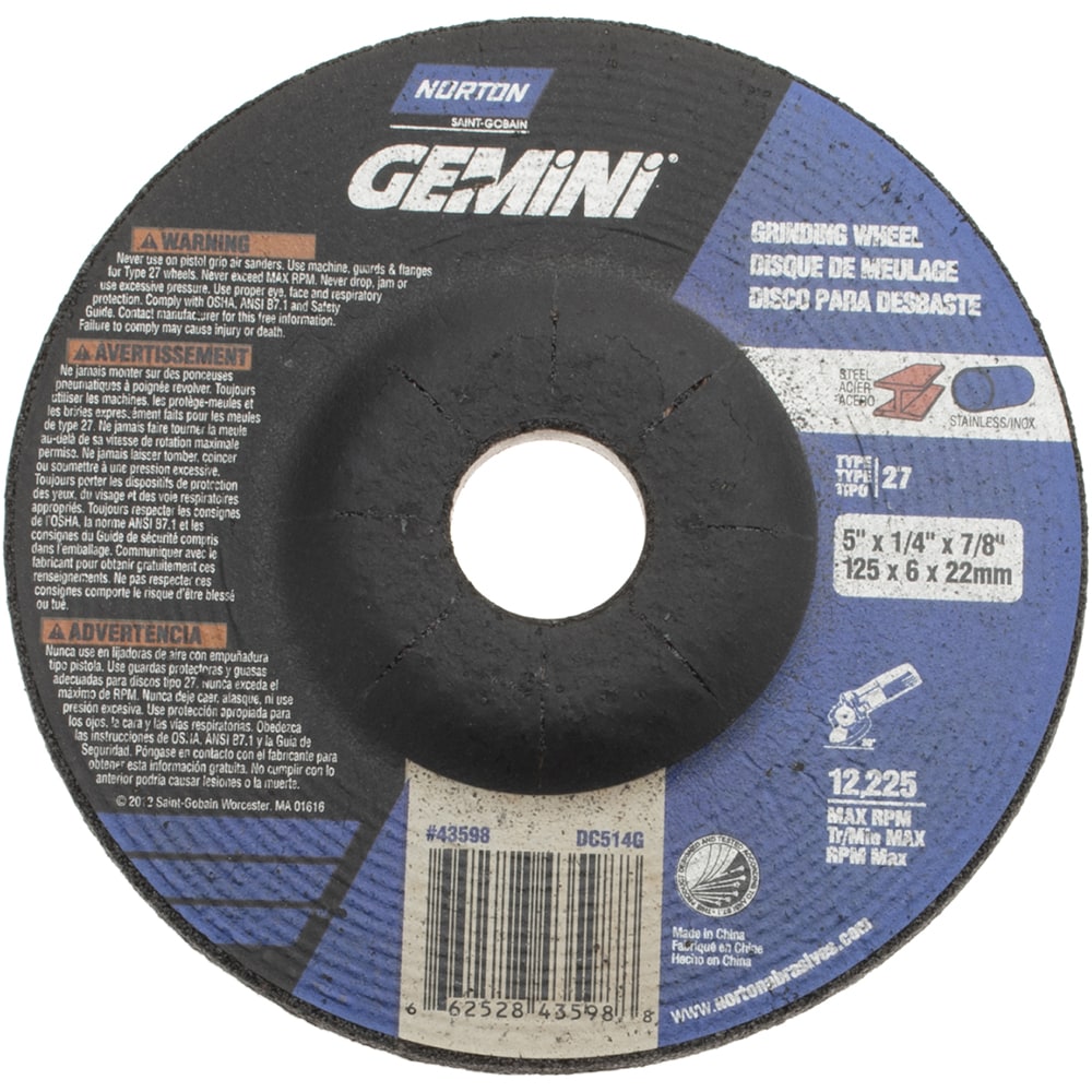 Depressed Center Wheel: Type 27, 5" Dia, Aluminum Oxide