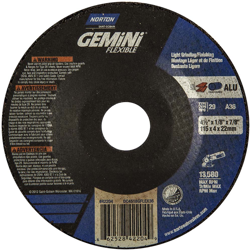 Depressed Center Wheel: Type 29, 4-1/2" Dia, Aluminum Oxide