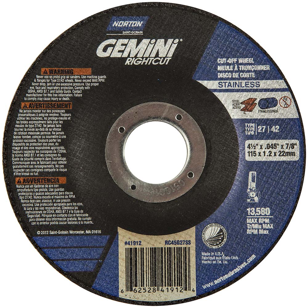 Depressed Grinding Wheel:  Type 27 & Type 42,  4-1/2" Dia,  7/8" Hole,  Aluminum Oxide