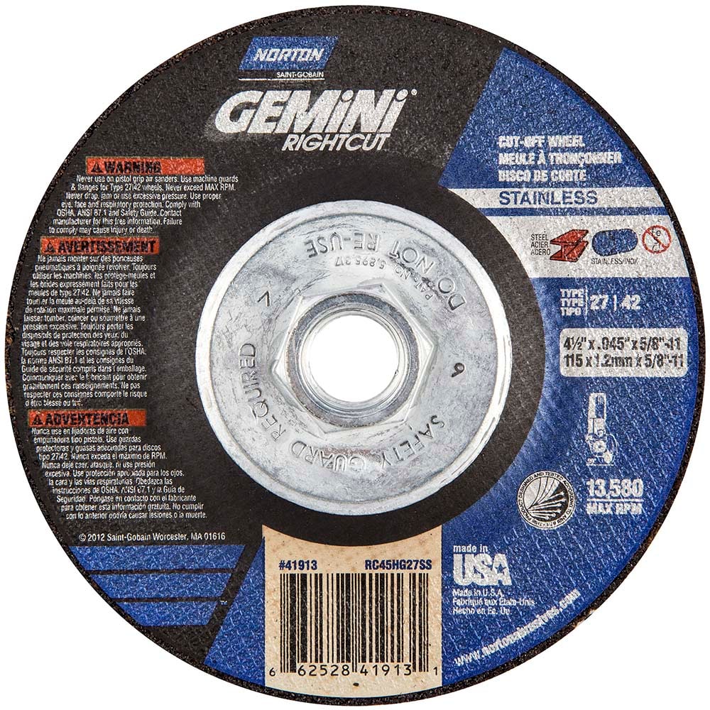 Depressed Center Wheel: Type 27, 4-1/2" Dia, 0.045" Thick, Aluminum Oxide