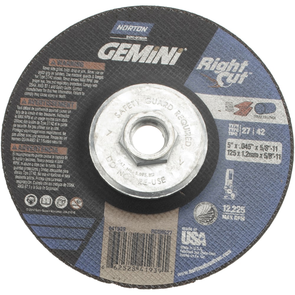Depressed Center Wheel: Type 27, 5" Dia, 0.045" Thick, Aluminum Oxide