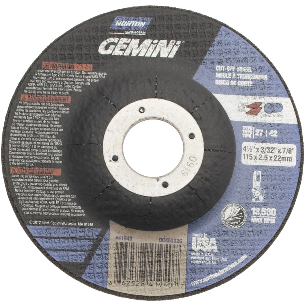 Depressed Center Wheel: Type 27, 4-1/2" Dia, Aluminum Oxide