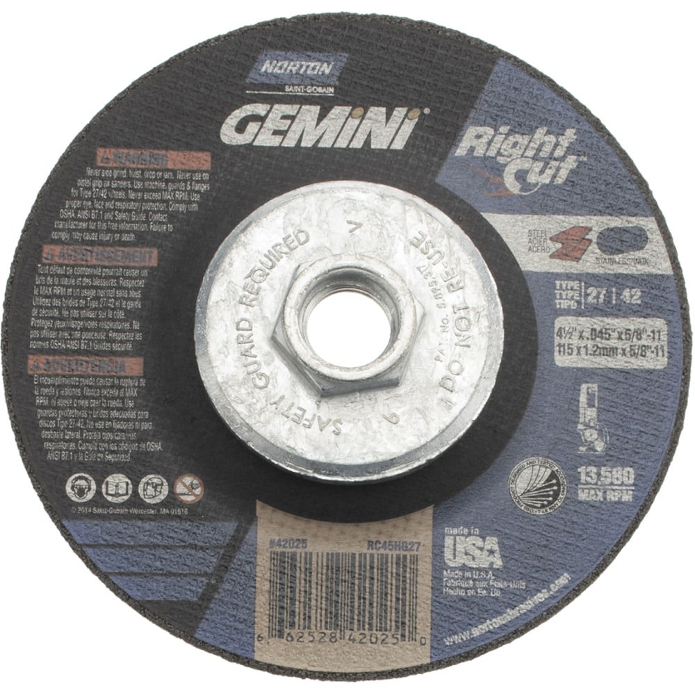 Depressed Center Wheel: Type 27, 4-1/2" Dia, 0.045" Thick, Aluminum Oxide
