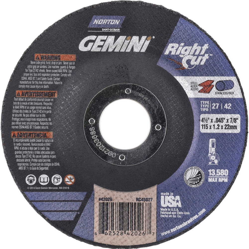 Depressed Center Wheel: Type 27, 4-1/2" Dia, 0.045" Thick, Aluminum Oxide