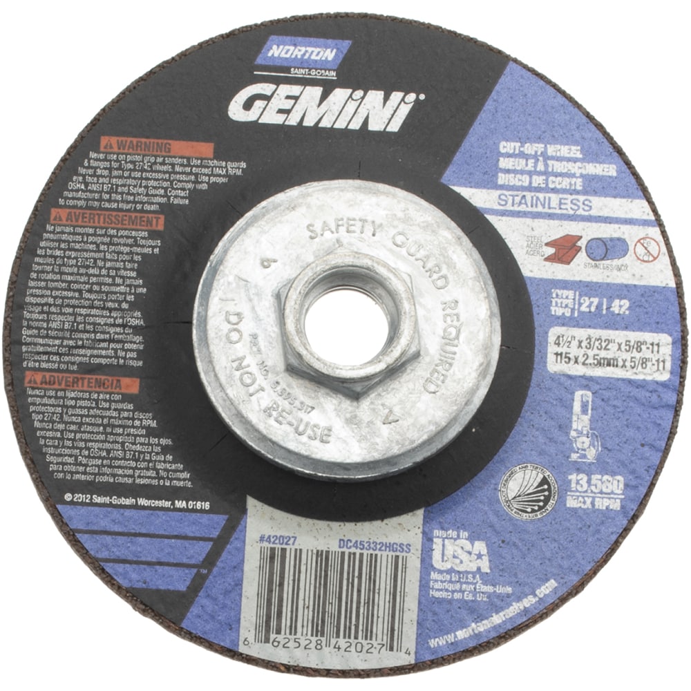 Depressed Center Wheel: Type 27, 4-1/2" Dia, Aluminum Oxide