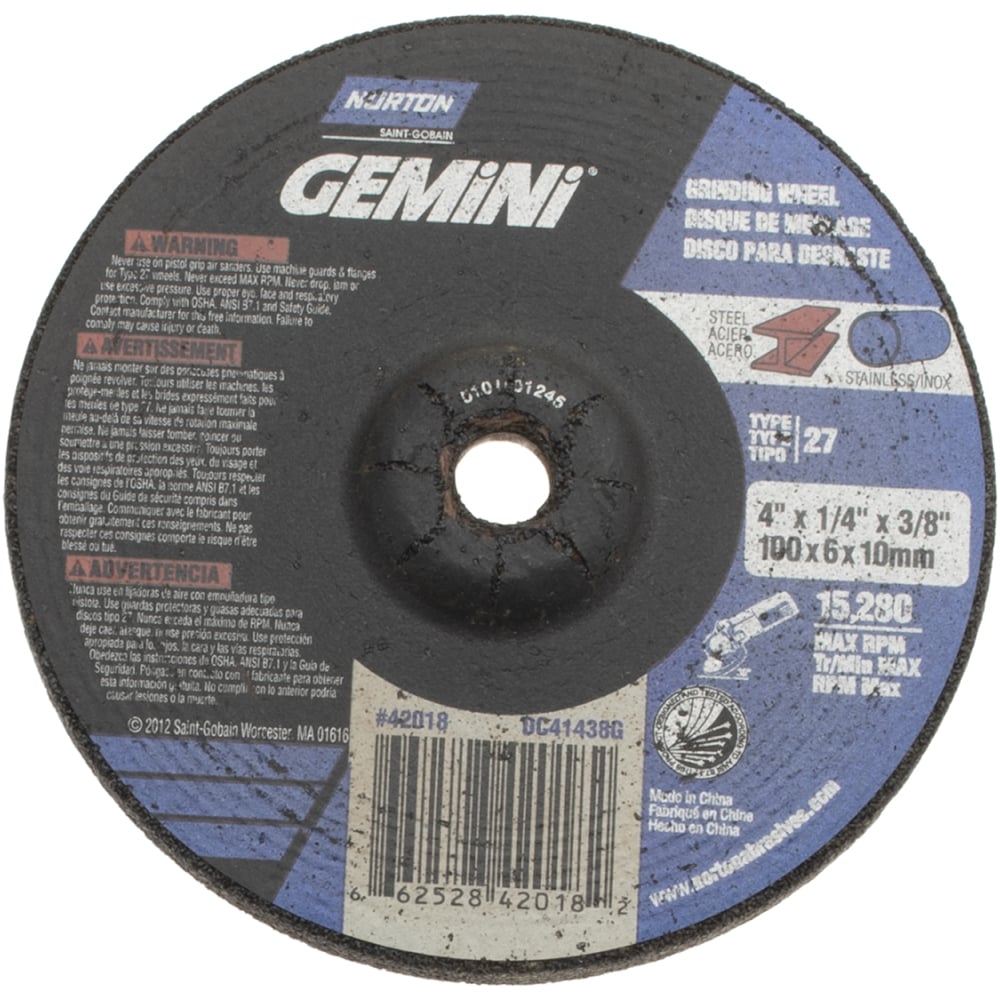 Depressed Center Wheel: Type 27, 4" Dia, Aluminum Oxide