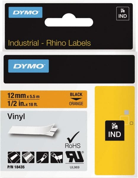 Dymo 18435 Label Maker Label: Black on Orange, 216" OAL, 1/2" OAW, 1 Roll 