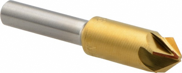 M.A. Ford® Countersink: 3/8" Head Dia, 82 deg Included Angle, 6 Flute, High-Speed Steel, Right Hand Cut - 1/4" Shank Dia, 2-3/8" OAL, TiN Finish