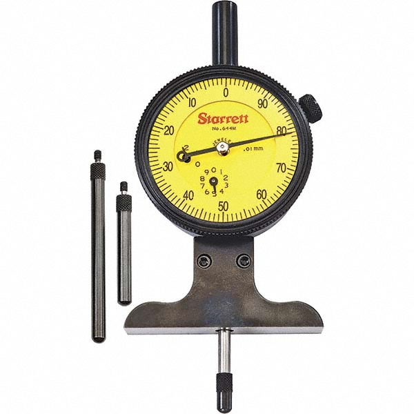 0 to 75 mm Range, Yellow Dial Depth Gage - 0.01 mm Graduation, 2-1/2 Inch Base Measuring Length